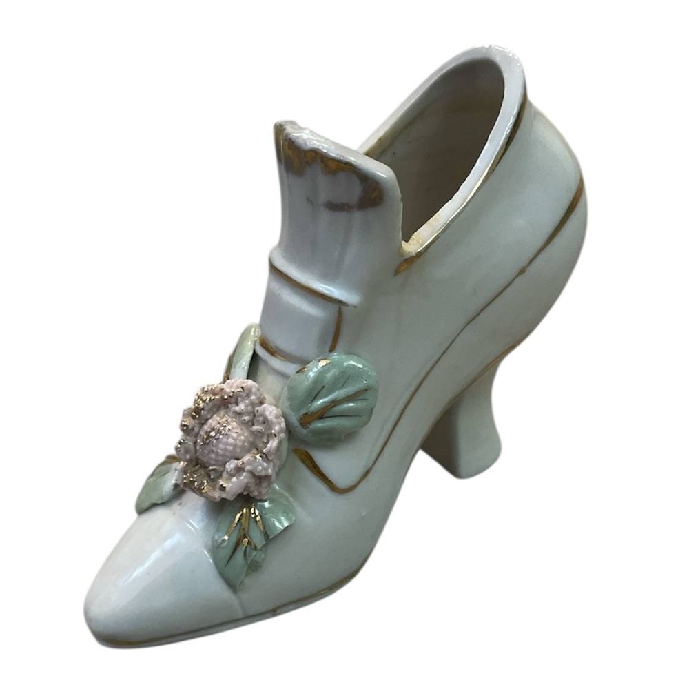 Vintage Miniature Porcelain Shoe Mojae Japan Floral Design Victorian Gold Trim